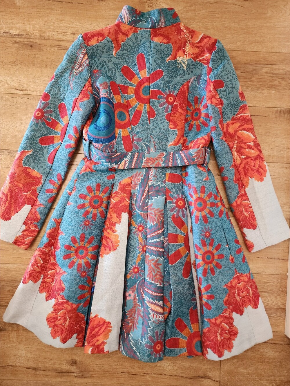 RARE Desigual Podium FLORAL Jaquard Coat Dress Size 40 US S (4/6) Belted Pleated - Picture 12 of 13